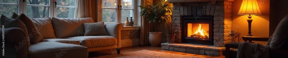 Fototapeta premium Cozy living room scene with a space heater providing warmth during a chilly autumn or winter season Perfect for home comfort, seasonal energy, and interior design concepts , ambiance, snug