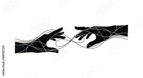 Two hands reaching out, connected by flowing abstract lines symbolizing connection and unity.