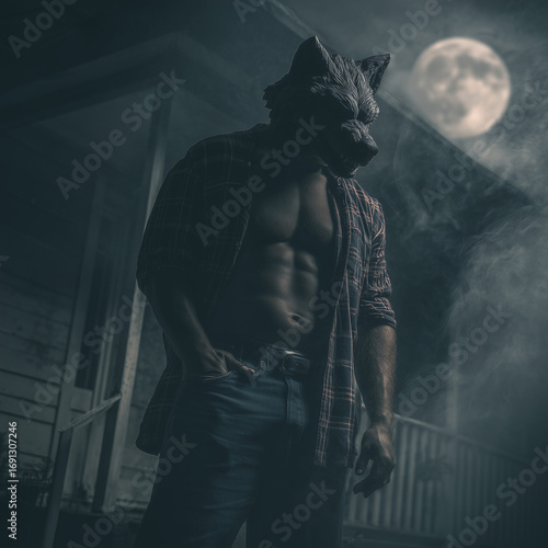 muscular man in werewolf mask
