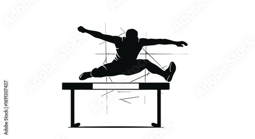 Dynamic silhouette of an athlete leaping over a hurdle during a race.