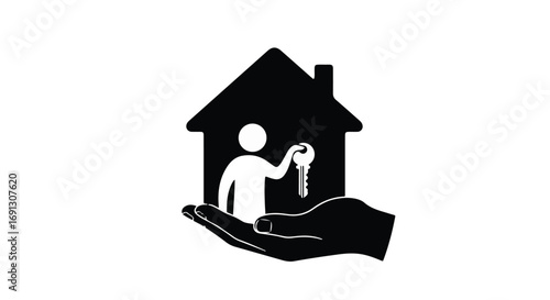 Hand offering a house symbol with a person holding a key, symbolizing homeownership and security.