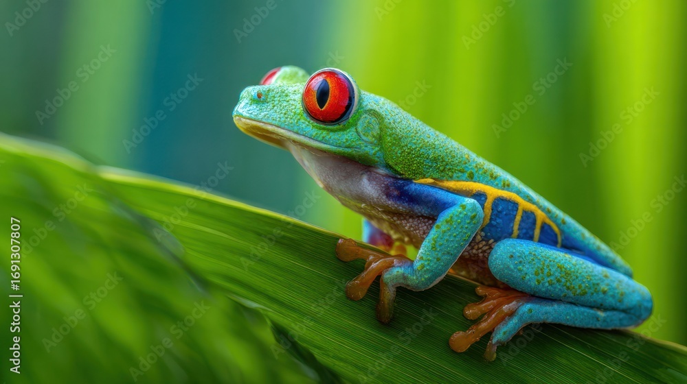Obraz premium Red eyed tree frog on green leaf