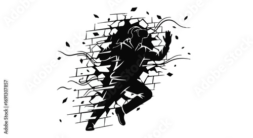 Silhouette of a person breaking through a brick wall, symbolizing overcoming challenges and achieving freedom.