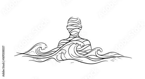 Figure wrapped in bandages emerges from turbulent ocean waves, symbolizing struggle and resilience.