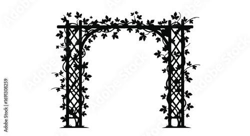 Elegant garden archway adorned with climbing vines and leaves, creating a romantic entrance.