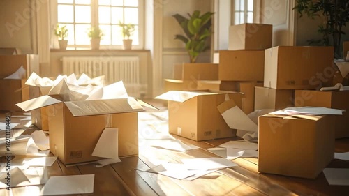 Sunlit Room Filled with Cardboard Boxes and Scattered Papers During a Move