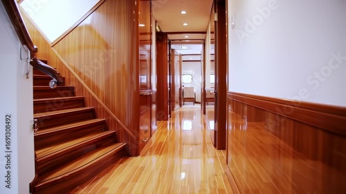 Luxurious wooden hallway and staircase in a yacht or similar vessel.  Polished wood floors, walls, and staircase.  A  wide hallway with multiple rooms visible