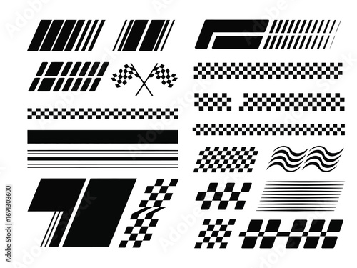 A collection of black graphic elements for motorsports design, including checkered flags, racing stripes, and abstract speed shapes isolated on white