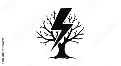 Abstract silhouette of a bare tree with a lightning bolt striking through its branches, symbolizing power and nature.