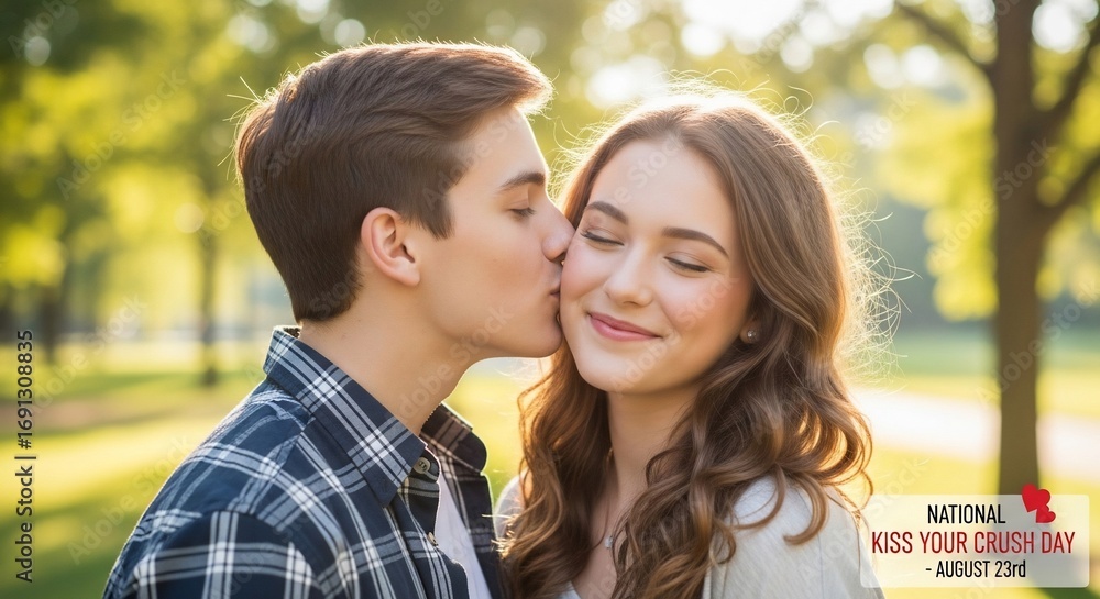 Fototapeta premium Affectionate Couple Sharing a Kiss Outdoors in Natural Light.