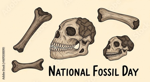 National Fossil Day Illustration with Bones and Skulls.
