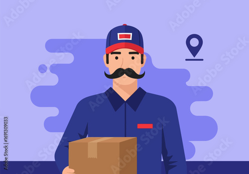 A flat vector illustration of a professional delivery man with a mustache, wearing a uniform and holding a cardboard package for shipping services