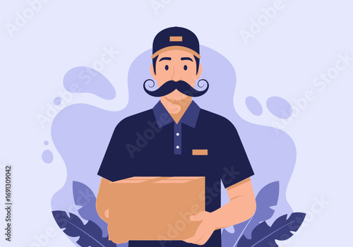 Illustration of a confident delivery man with a prominent mustache wearing a cap and holding a package