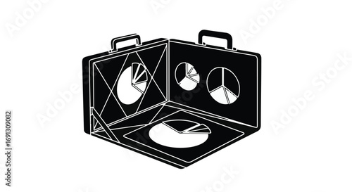 Abstract briefcase opens to reveal pie charts, symbolizing data analysis and business strategy.