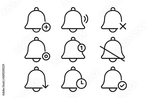 Notification bell thin line icon set. UI UX graphic element collection for web and mobile. Includes new message, alert, reminder, mute, add, check, and delete symbols.