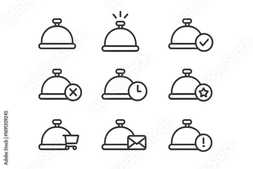 Hotel service bell and food cloche thin line icon set. Concierge, reception, and room service vector symbols with editable stroke. Notifications for web and apps.