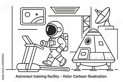 Astronaut training for space mission. Spaceman in spacesuit exercising on a treadmill in a training facility. Vector cartoon illustration in linear style with spacecraft.