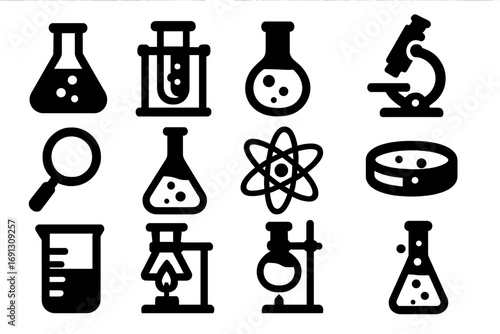 Science lab icon set. Chemical laboratory equipment and biology research tool silhouettes. Vector illustration of microscope, beaker, flask, atom, and test tube symbols.
