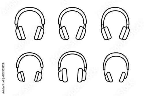 Headphones outline icon set. Linear collection of audio headsets. Music, podcast and gaming symbols. Simple vector illustration with editable stroke for web and apps.