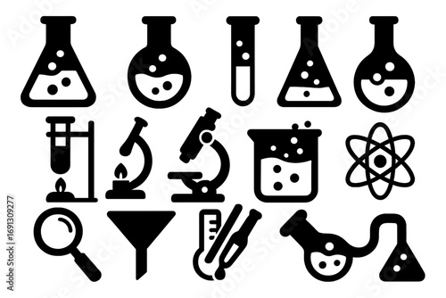 Science icon set with lab equipment silhouettes. Vector illustration of chemistry and biology tools. Includes microscope, flask, beaker, test tube, atom for research concepts.