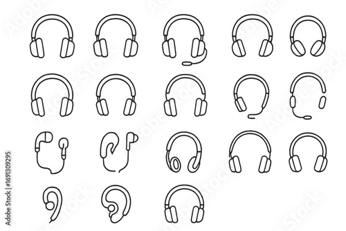 Headphones line icon set. Headset, earbuds, audio device symbols. Editable stroke vector pictograms for web, app design. Music, sound, and technology concept.