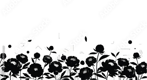 Delicate black floral silhouette border on a clean white background with falling petals