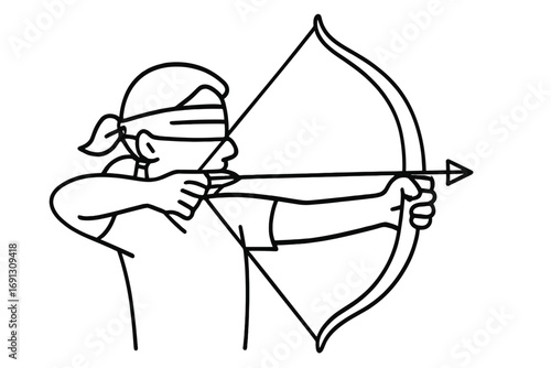 Blindfolded archer aiming bow and arrow. Metaphor for business intuition, focus, precision, risk, and strategy. Concept for hitting a target despite uncertainty or a handicap.