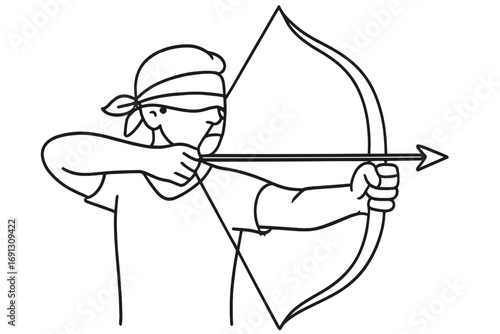 Blindfolded archer aiming with bow and arrow. Concept for trust, intuition, focus and faith. Business metaphor for risk, strategy and achieving goals. Minimal line art vector.