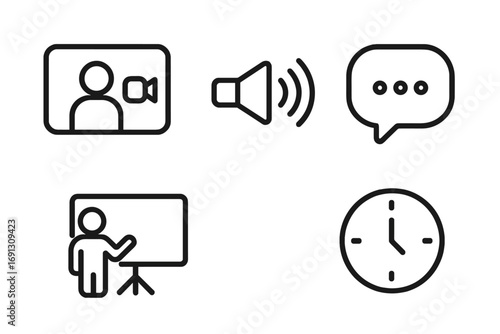 Communication and meetings line icon set. Concepts for video conference, audio, chat, and presentation. Business vector symbols for time management, webinar, and online work.