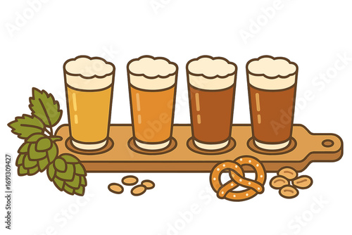 Craft beer tasting flight vector illustration. Beer sampler paddle with different types of ale, lager, and stout. Brewery pub bar menu icon with hops, pretzel and snacks.