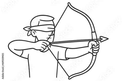 Blindfolded archer with bow and arrow. Metaphor for business strategy, focus, precision, and risk. Concept for achieving goals with intuition. Minimalist line art vector.