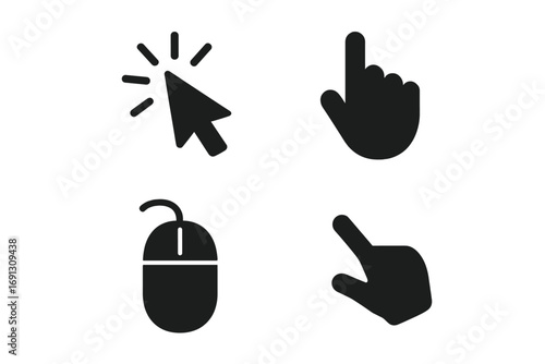 Computer cursor icon set with mouse, arrow, and hand pointer silhouettes. Vector graphic elements for UI and UX design, web buttons, and digital click actions. Touch symbol.