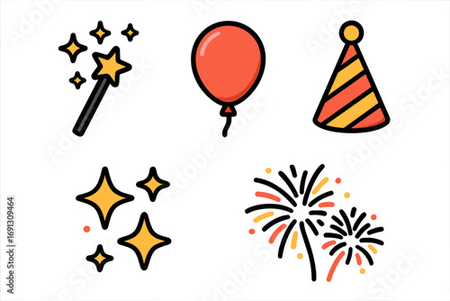 Celebration icon pack for party and holiday design. Vector set includes magic wand, balloon, birthday hat, sparkling stars, and fireworks. Festive event elements collection.
