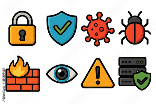 Cybersecurity icon set with lock, shield, virus, bug, firewall, and server icons. Vector illustration for internet security, data protection, privacy, and network safety concepts.