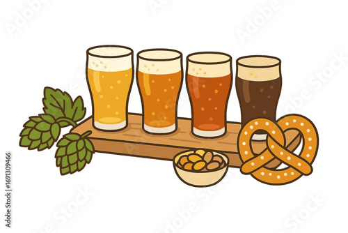 Craft beer tasting flight vector illustration. Beer sampler paddle with lager, ale, IPA, stout. Brewery pub concept with snacks, pretzel, nuts, and hops. Alcohol drink set.