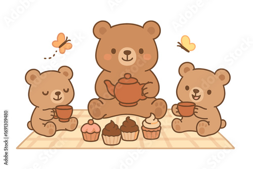Cute kawaii teddy bears on a tea party picnic. Adorable cartoon animal family with cupcakes and tea. Vector character illustration for kids, greeting card, or nursery.