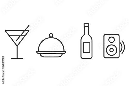 Party and entertainment line icon set. Minimalist pictograms of cocktail, food service, bottle and music speaker. Vector symbols for bar, restaurant, event and nightlife.