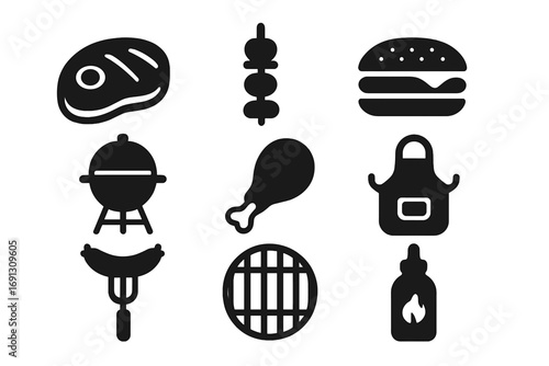 Barbecue and grill solid icon set. BBQ vector collection with steak, hamburger, sausage, chicken leg, kebab skewer, apron and grill grate. Cooking food for picnic party.
