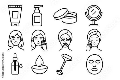 Beauty and skincare line icon set. Cosmetics, facial care, and spa routine collection. Vector illustration of woman applying cream, mask, serum. Skin treatment procedure.