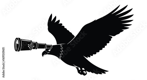 Eagle with telescope symbolizes vision, foresight, and exploration in flight.