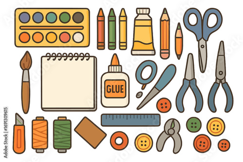 Creative hobby and DIY crafting tool set. Art supplies icon collection for handmade projects. Includes paint, brush, scissors, notebook, glue, and thread for back to school.