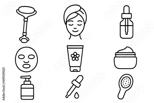 Beauty and skincare line icon set. Self-care tools like face mask, serum, and cream outline collection. Vector icons for cosmetology, dermatology, and spa routine concepts.
