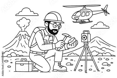 Geologist studying volcano. Volcanologist character concept. Man with hammer and rock sample. Geology research expedition. Helicopter transport. Surveying equipment. Line art.