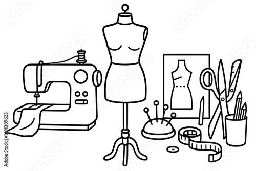 Fashion design studio tools line art collection. Sewing machine, dress form, scissors, measuring tape. Vector icon set for tailor shop, atelier, dressmaking, handmade clothes.