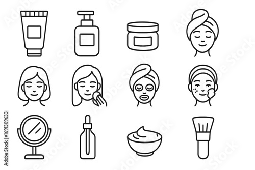 Beauty skincare line icon set. Facial care routine, cosmetic products. Vector outline symbols of dermatology, cosmetology, spa treatment. Face cream, lotion, serum, mask.