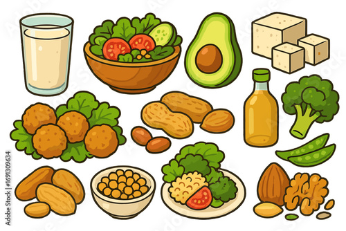 Healthy vegan food set. Plant-based protein sources illustration collection. Tofu, nuts, salad, avocado, falafel, chickpeas, soy milk, broccoli. Diet and nutrition concept.