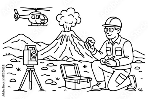 Geologist studying volcanic activity with scientific equipment. Volcanologist on an expedition analyzing rock samples near an erupting volcano. Research concept line art vector.