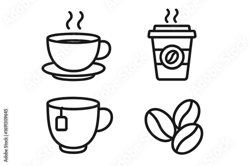 Coffee and tea line icon set. Vector collection of hot beverage symbols including steaming coffee cup, to-go paper cup, mug with teabag, and roasted coffee beans. For cafe menu.
