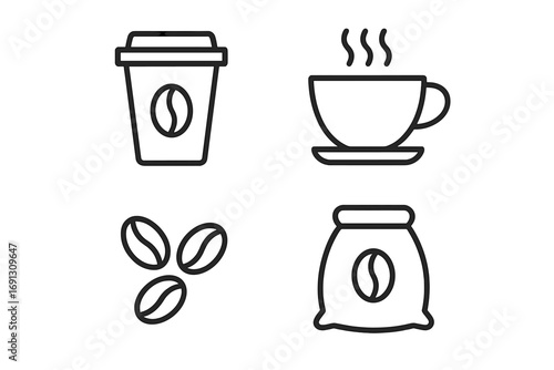 Coffee line icon set. Vector symbols for cafe menu, website, app. Includes paper cup, hot mug, beans, bag. Simple outline pictograms for espresso, latte, cappuccino, drink.