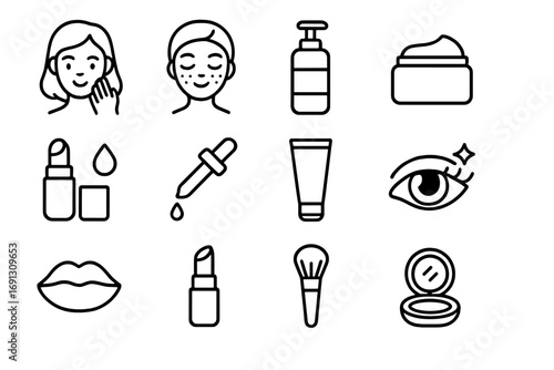Beauty and skincare outline icon set. Cosmetic and makeup symbols collection. Personal care product vector icons. Face cream, lipstick, serum, acne, dermatology line art.